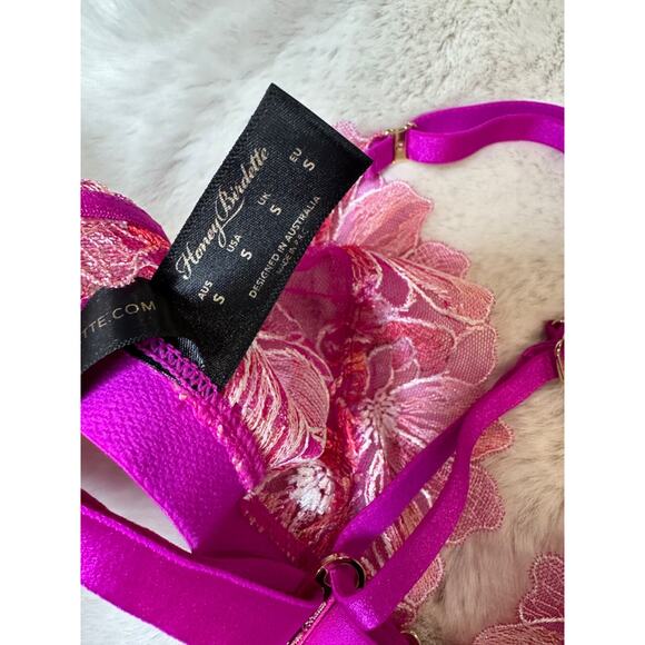 Honey Birdette AURORA🌺 Fuchsia Pink Floral Lace Bralette Small - Picture 3 of 3